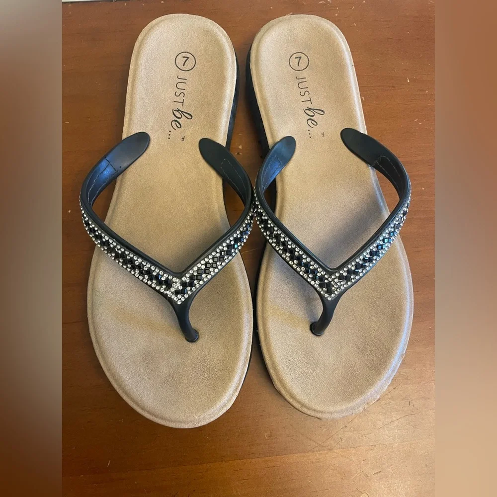 Just be Black Rhinestone T-Strap Sandals